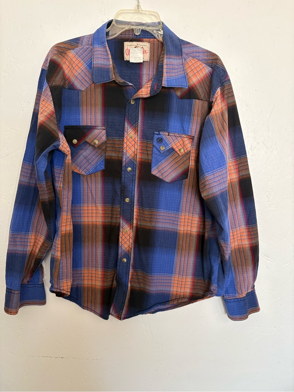 Wrangler Blue and Orange Plaid Western Button-Down Shirt